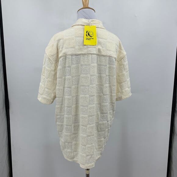 H&M Smiley Shirt Women M Medium Baby Yellow Button Up Relaxed Fit Terry Embossed - Picture 5 of 13